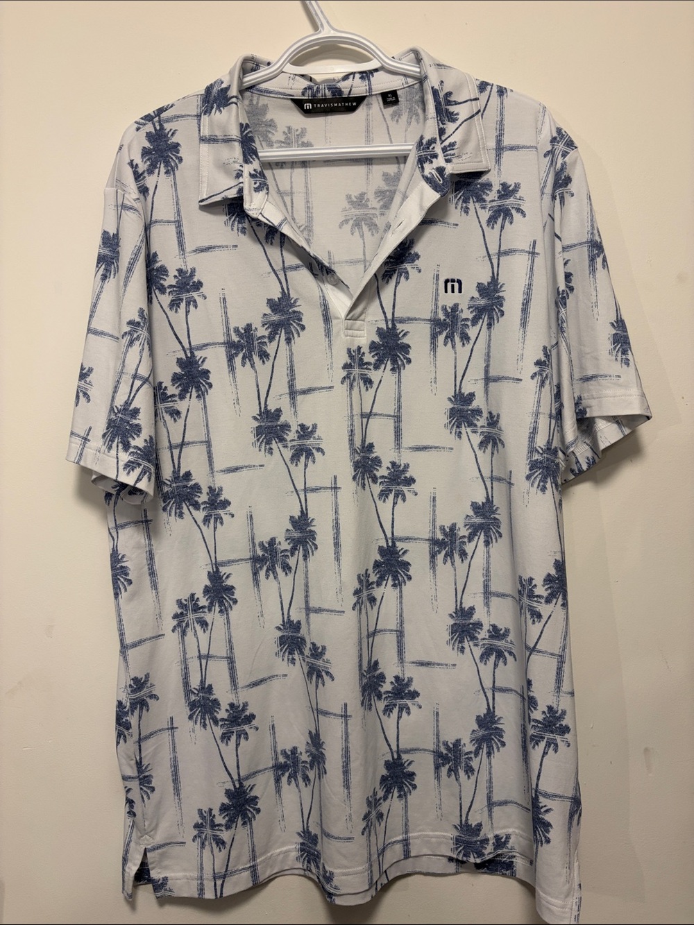 Travis Mathew White Polo with Blue Palm-Print